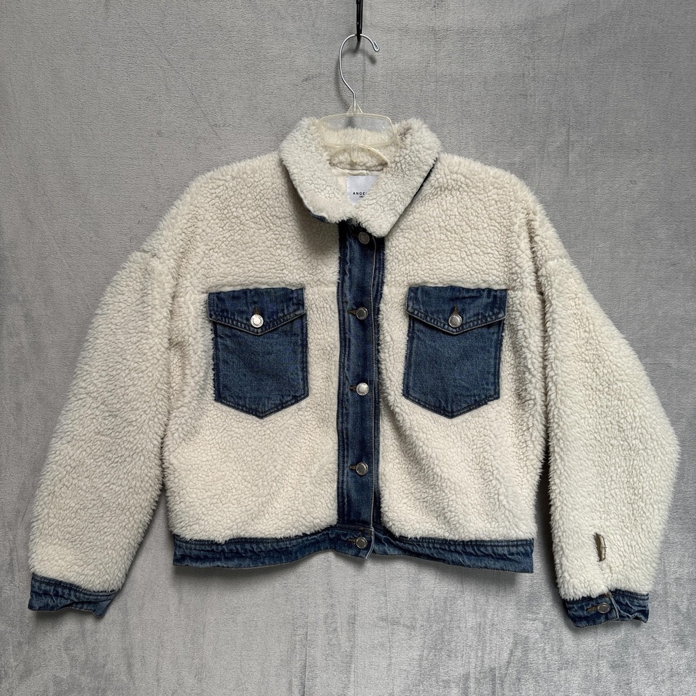 Angel Kiss Jacket Womens Small White Sherpa Fleece Denim Trim Button Up Cropped